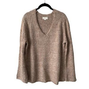 Aritzia Golden by TNA Pullover V-Neck Knit Sweater Scallop Hem Tan Medium